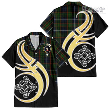 MacRae Hunting Tartan Short Sleeve Button Shirt with Family Crest and Celtic Symbol Style