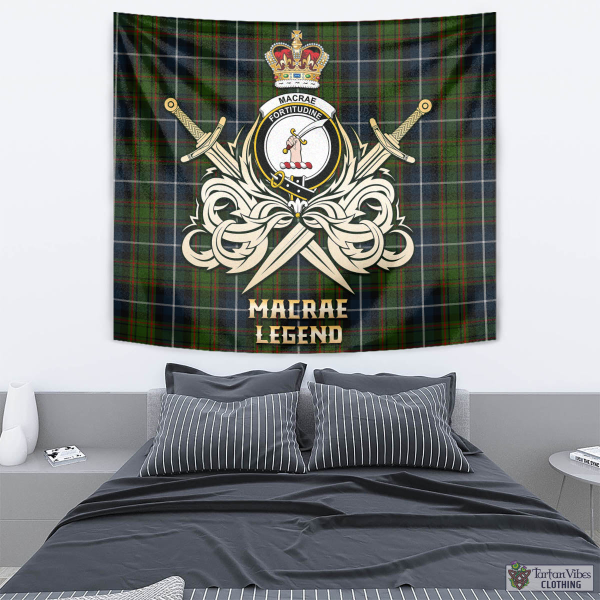 Tartan Vibes Clothing MacRae Hunting Tartan Tapestry with Clan Crest and the Golden Sword of Courageous Legacy