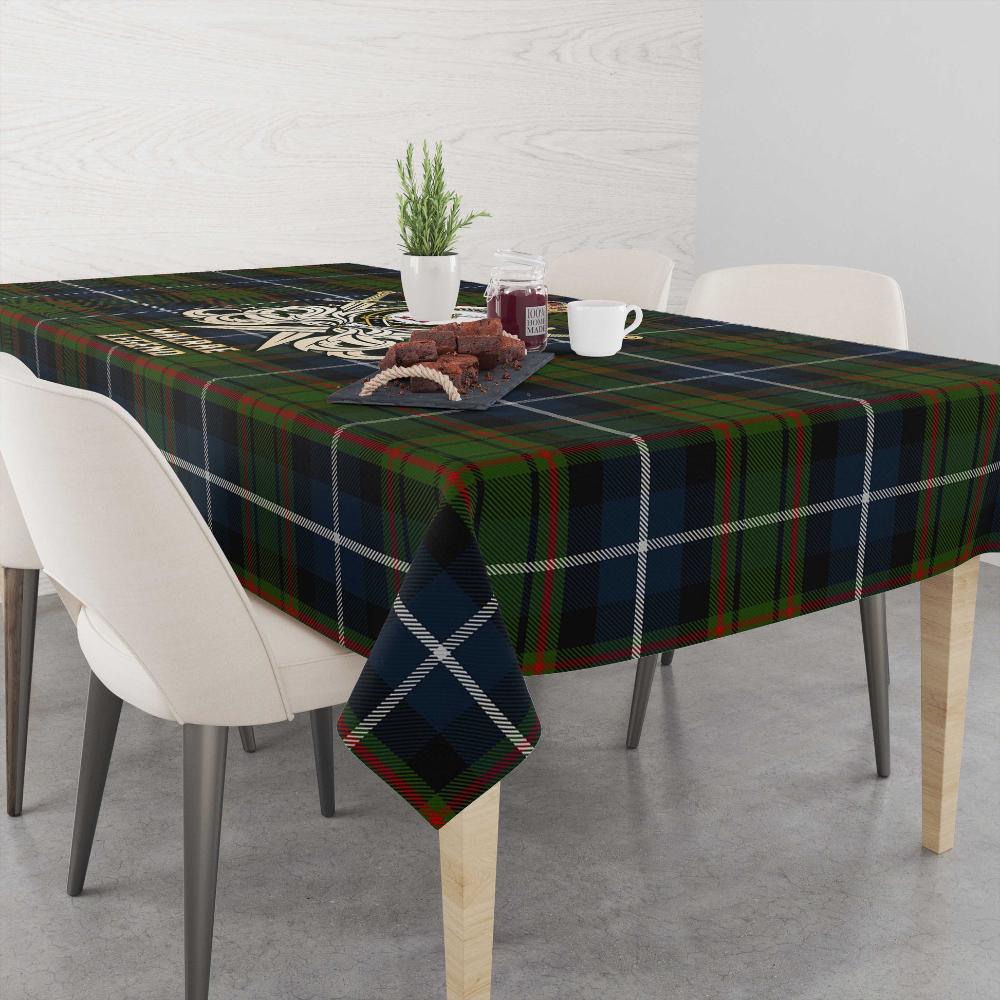 Tartan Vibes Clothing MacRae Hunting Tartan Tablecloth with Clan Crest and the Golden Sword of Courageous Legacy