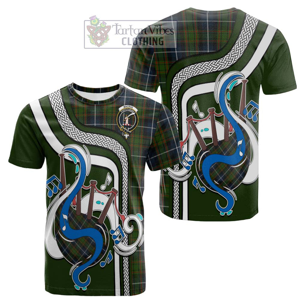 Tartan Vibes Clothing MacRae Hunting Tartan Cotton T-shirt with Epic Bagpipe Style