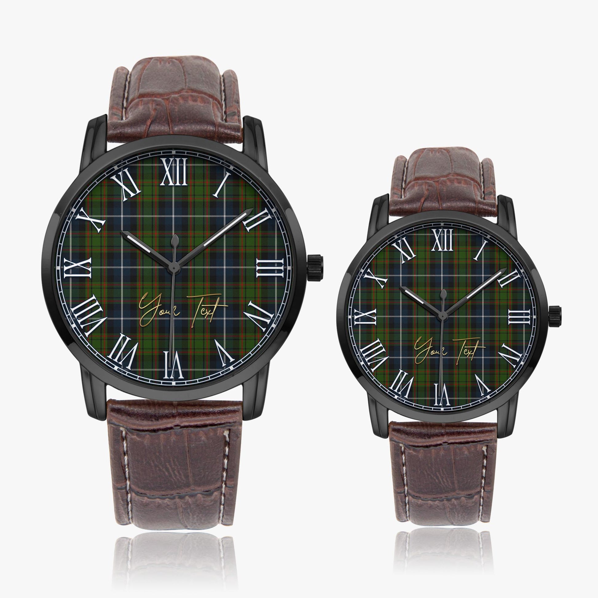 MacRae Hunting Tartan Personalized Your Text Leather Trap Quartz Watch Wide Type Black Case With Brown Leather Strap - Tartanvibesclothing
