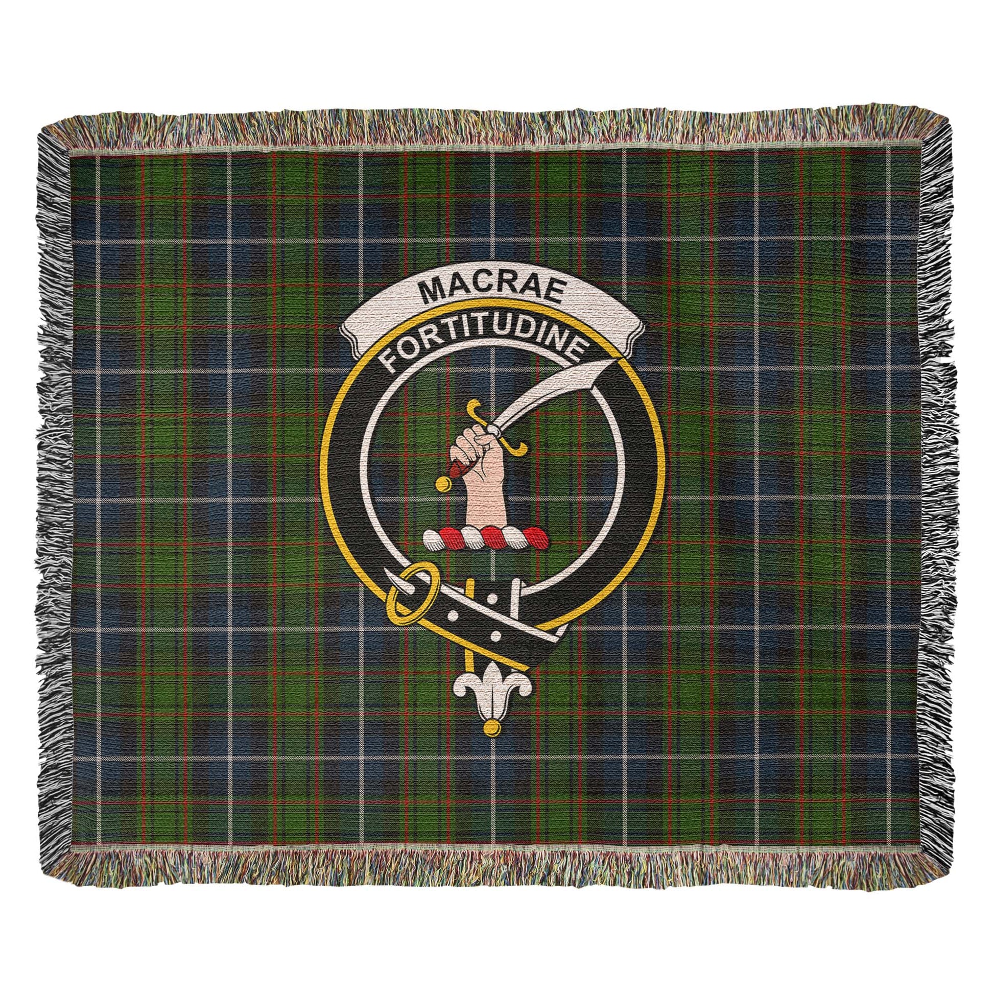 Tartan Vibes Clothing MacRae Hunting Tartan Woven Blanket with Family Crest