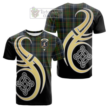 MacRae Hunting Tartan Cotton T-shirt with Family Crest and Celtic Symbol Style