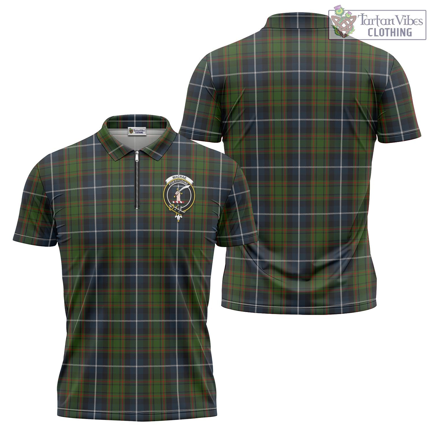 Tartan Vibes Clothing MacRae Hunting Tartan Zipper Polo Shirt with Family Crest