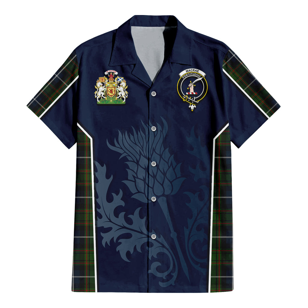 Tartan Vibes Clothing MacRae Hunting Tartan Short Sleeve Button Up Shirt with Family Crest and Scottish Thistle Vibes Sport Style