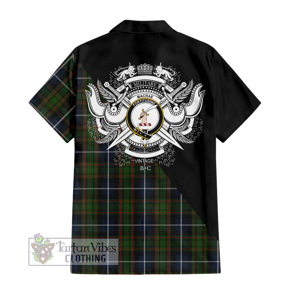 MacRae Hunting Tartan Short Sleeve Button Shirt with Family Crest and Military Logo Style - Tartanvibesclothing Shop