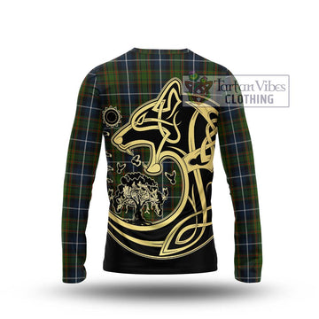 MacRae Hunting Tartan Long Sleeve T-Shirt with Family Crest Celtic Wolf Style