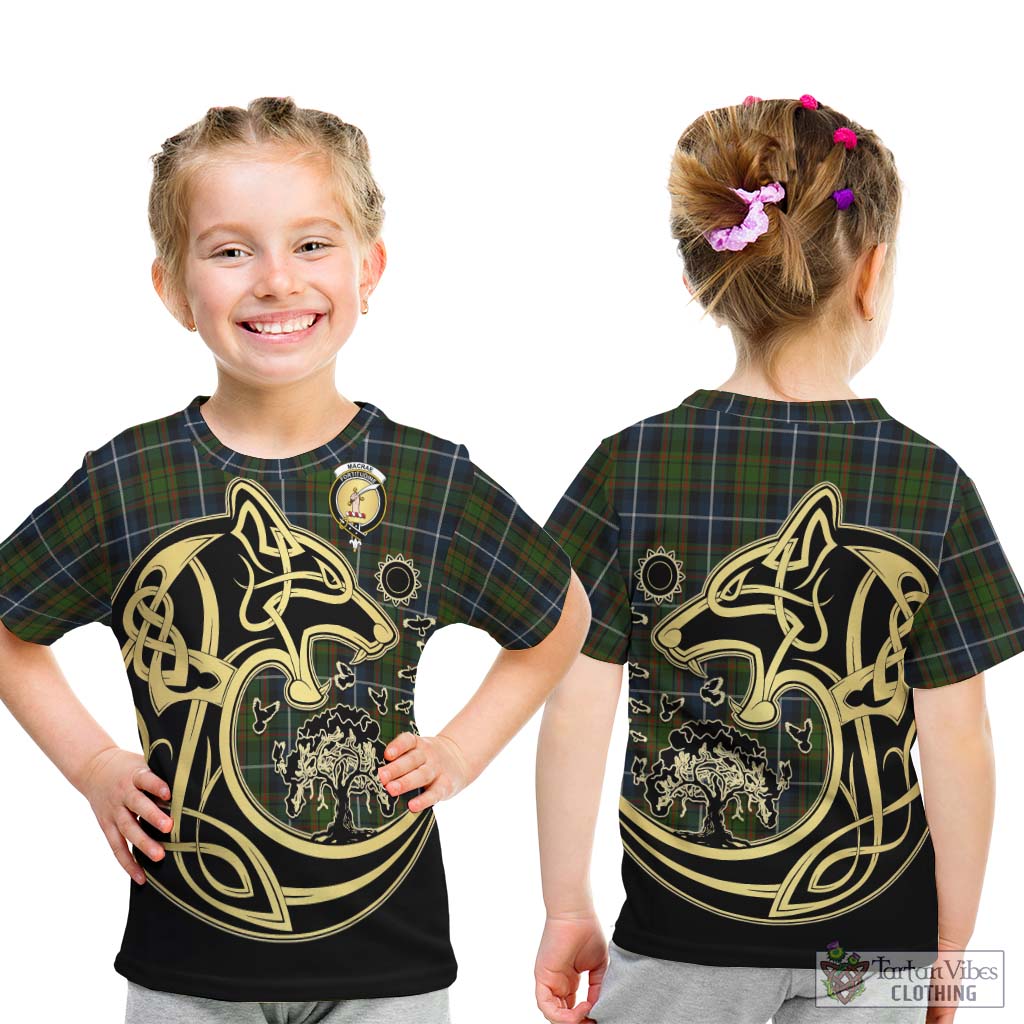 Tartan Vibes Clothing MacRae Hunting Tartan Kid T-Shirt with Family Crest Celtic Wolf Style