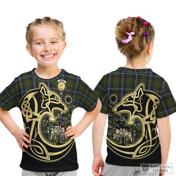 MacRae Hunting Tartan Kid T-Shirt with Family Crest Celtic Wolf Style