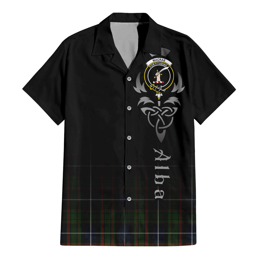 Tartan Vibes Clothing MacRae Hunting Tartan Short Sleeve Button Up Featuring Alba Gu Brath Family Crest Celtic Inspired