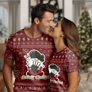 MacRae Hunting Clan Christmas Family T-Shirt with Funny Gnome Playing Bagpipes