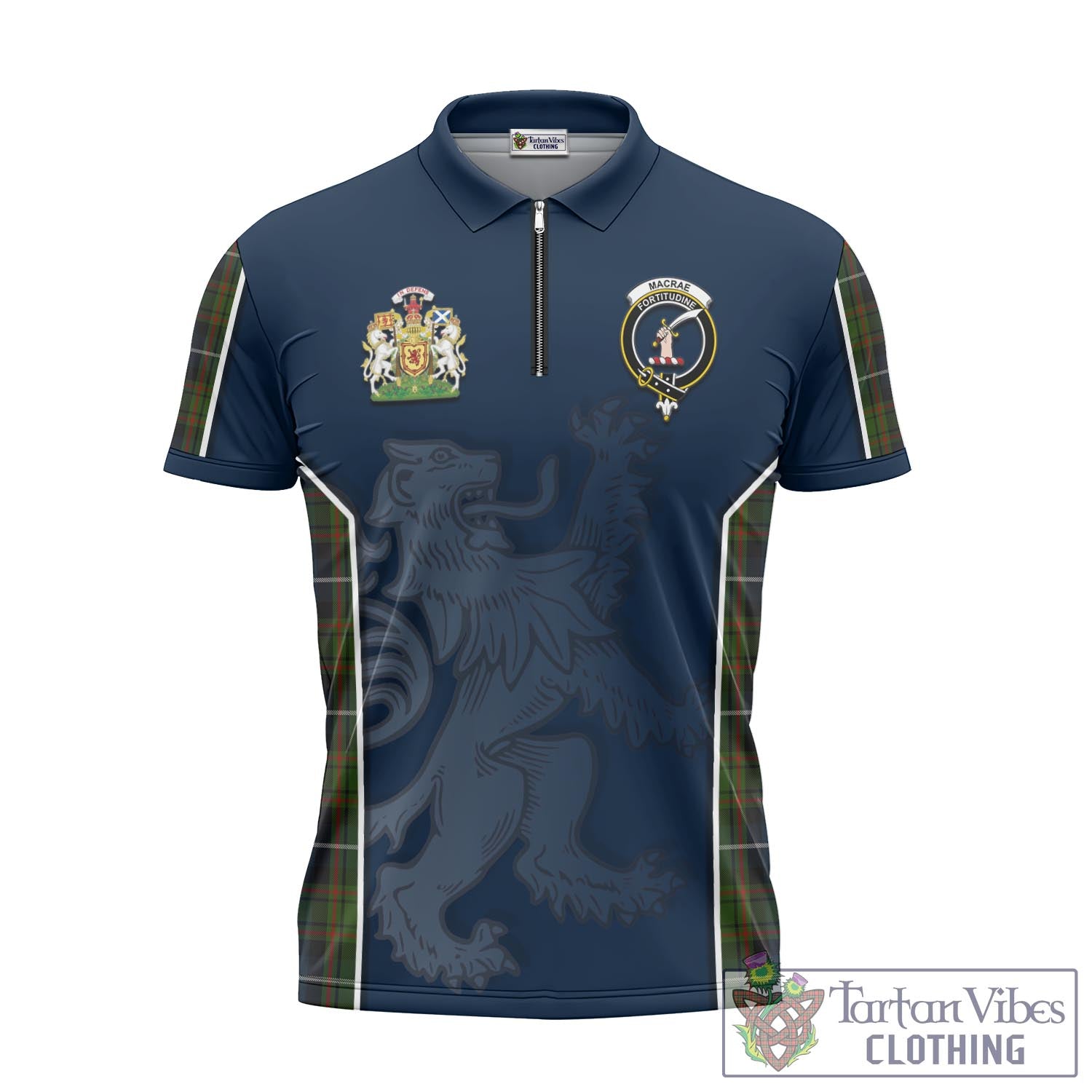 Tartan Vibes Clothing MacRae Hunting Tartan Zipper Polo Shirt with Family Crest and Lion Rampant Vibes Sport Style
