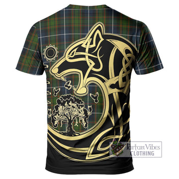 MacRae Hunting Tartan T-Shirt with Family Crest Celtic Wolf Style