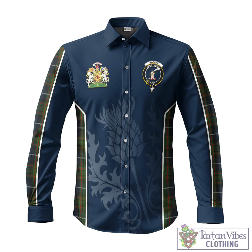 Tartan Vibes Clothing MacRae Hunting Tartan Long Sleeve Button Up Shirt with Family Crest and Scottish Thistle Vibes Sport Style