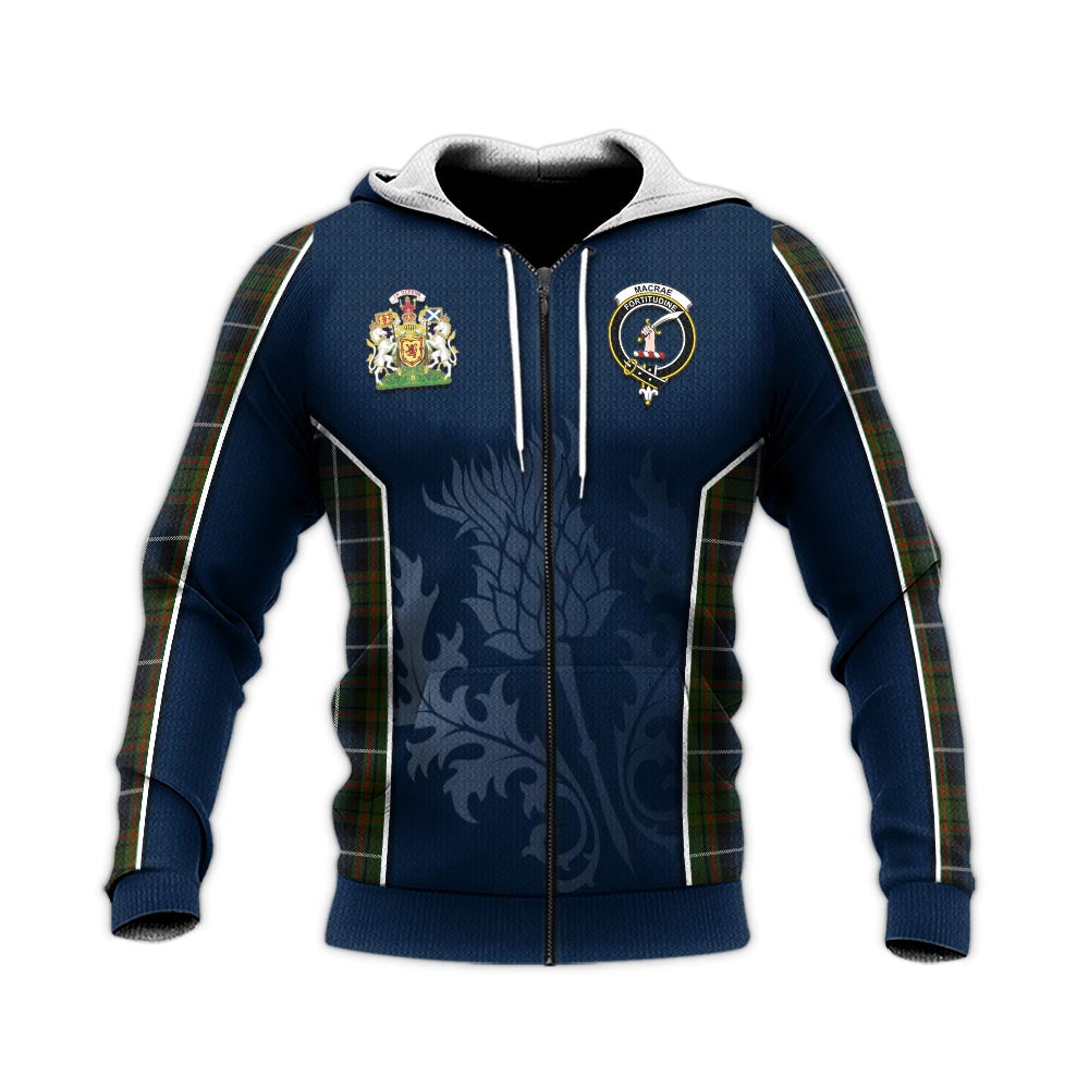 Tartan Vibes Clothing MacRae Hunting Tartan Knitted Hoodie with Family Crest and Scottish Thistle Vibes Sport Style
