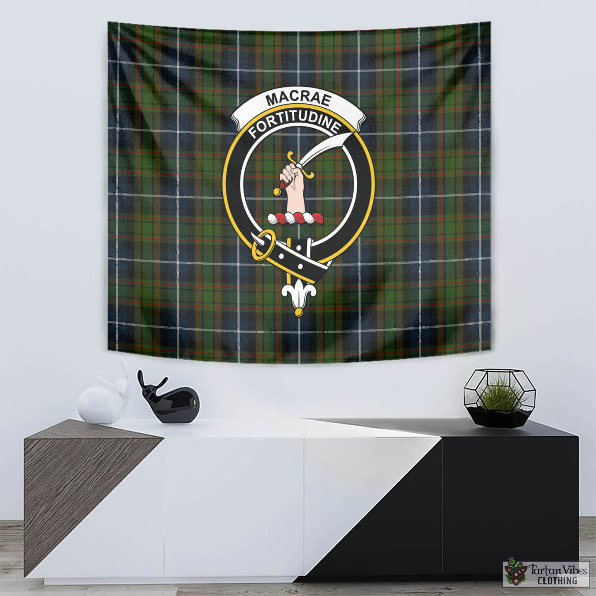 Tartan Vibes Clothing MacRae Hunting Tartan Tapestry Wall Hanging and Home Decor for Room with Family Crest