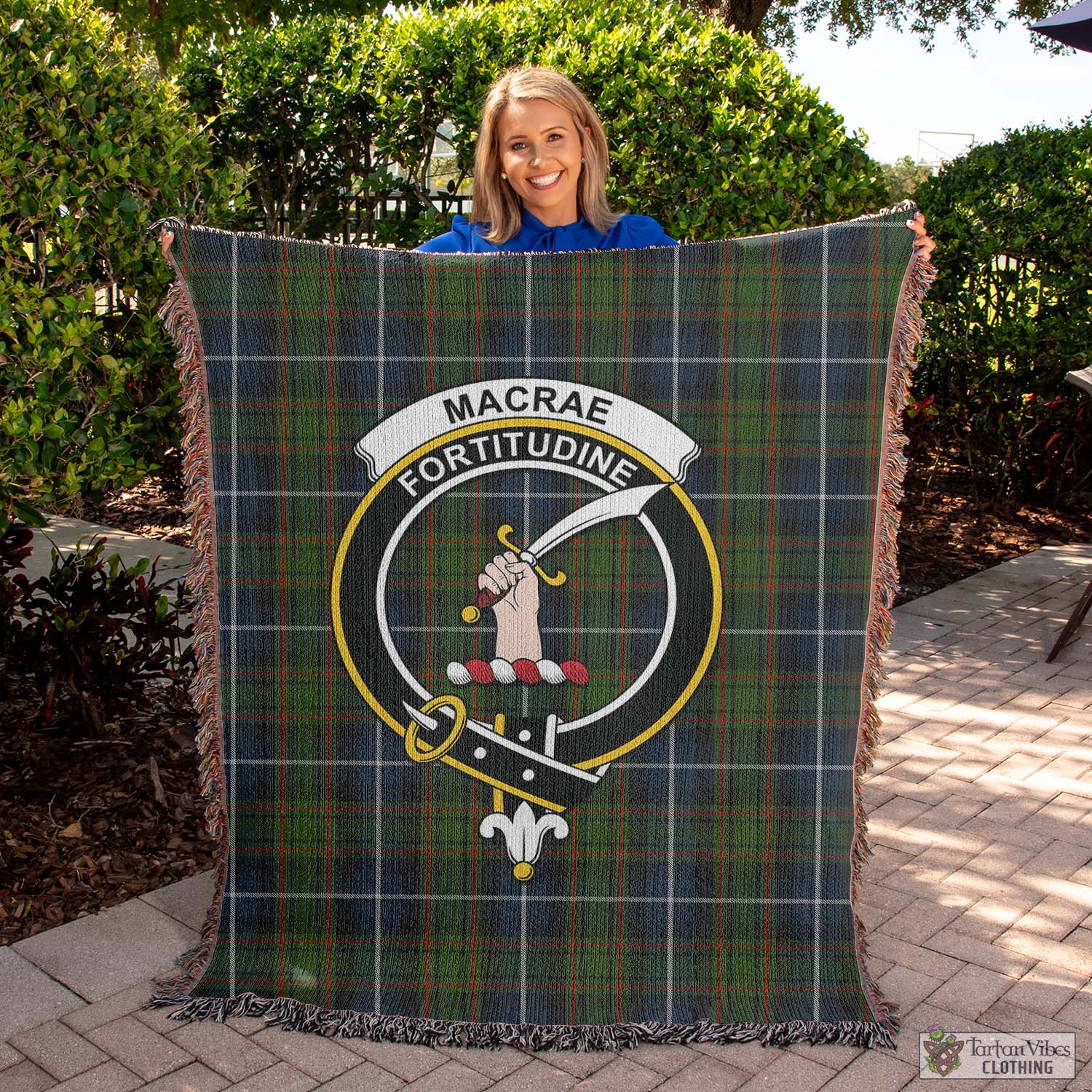 Tartan Vibes Clothing MacRae Hunting Tartan Woven Blanket with Family Crest
