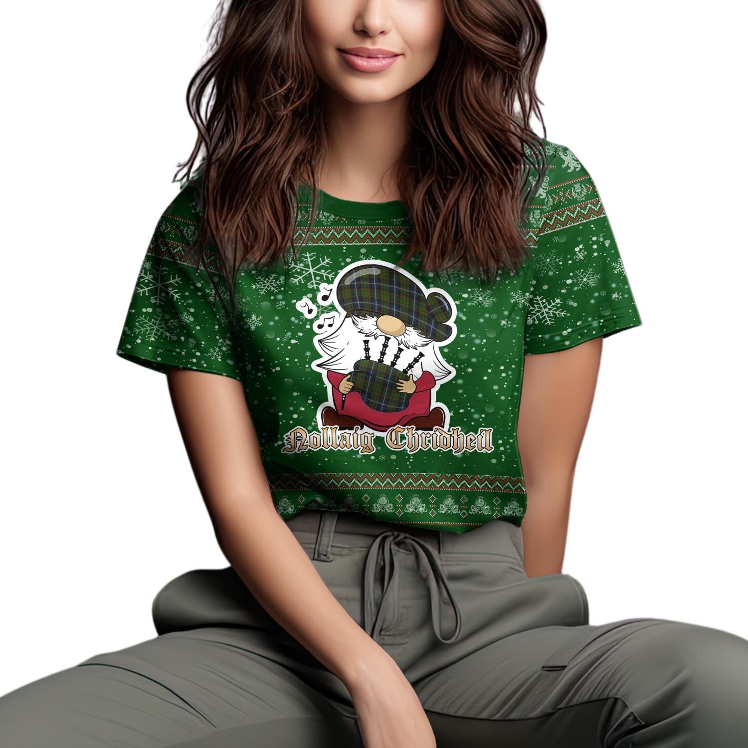 MacRae Hunting Clan Christmas Family T-Shirt with Funny Gnome Playing Bagpipes Women's Shirt Green - Tartanvibesclothing