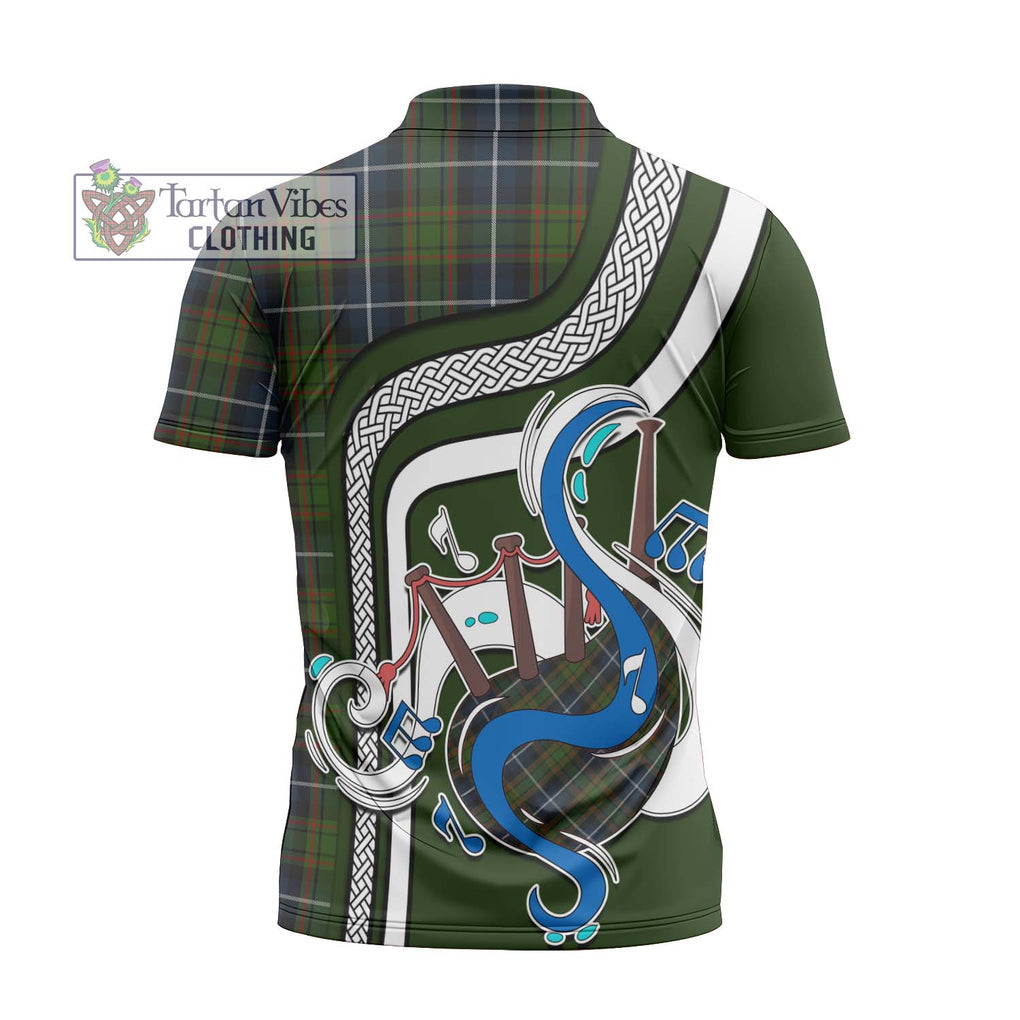 MacRae Hunting Tartan Zipper Polo Shirt with Epic Bagpipe Style - Tartanvibesclothing Shop