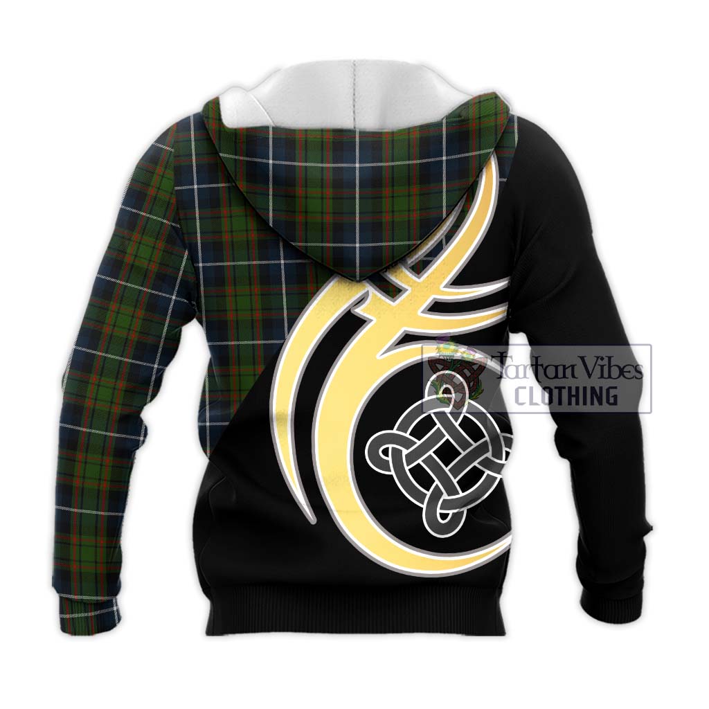 Tartan Vibes Clothing MacRae Hunting Tartan Knitted Hoodie with Family Crest and Celtic Symbol Style