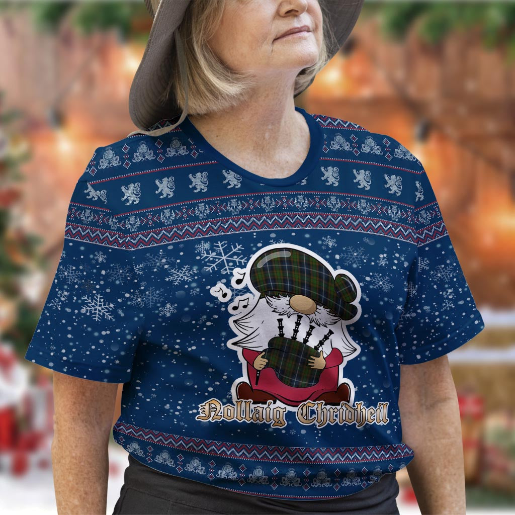 MacRae Hunting Clan Christmas Family T-Shirt with Funny Gnome Playing Bagpipes Women's Shirt Blue - Tartanvibesclothing