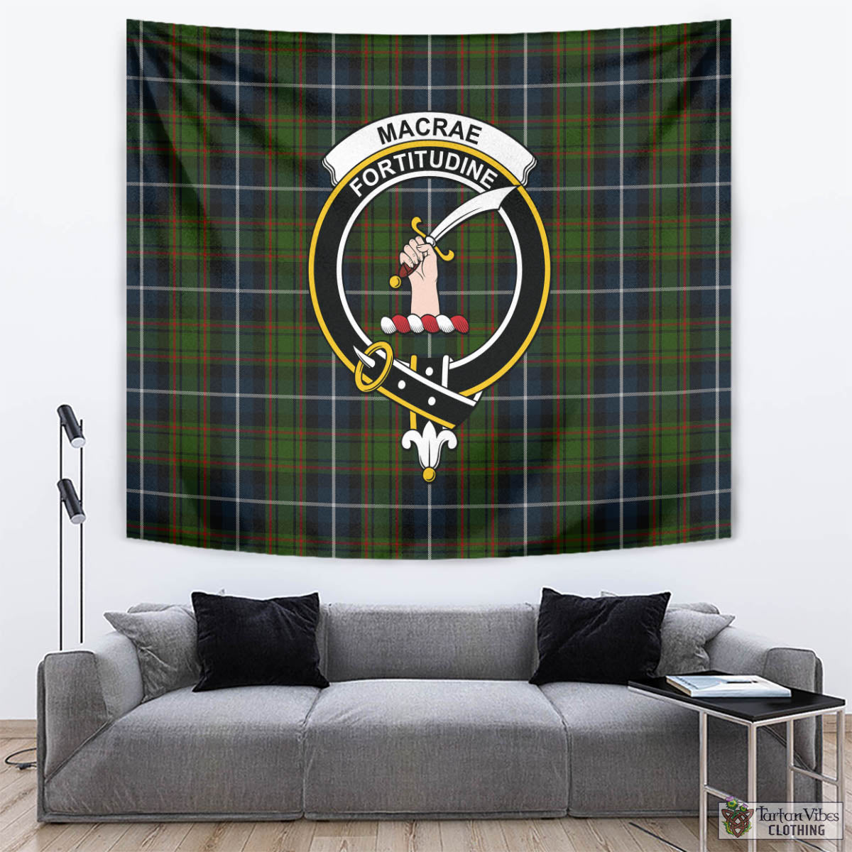 Tartan Vibes Clothing MacRae Hunting Tartan Tapestry Wall Hanging and Home Decor for Room with Family Crest