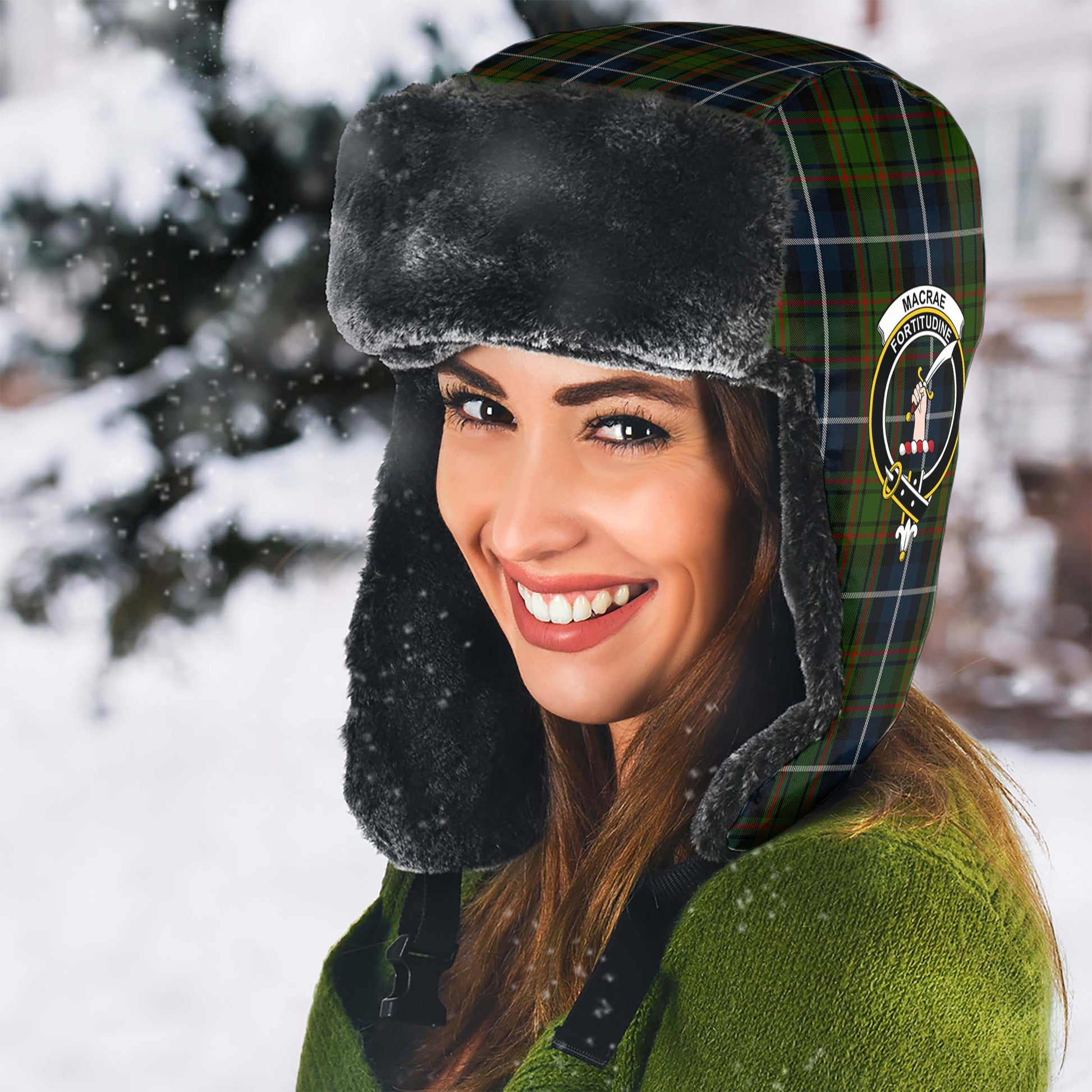 MacRae Hunting Tartan Winter Trapper Hat with Family Crest - Tartanvibesclothing