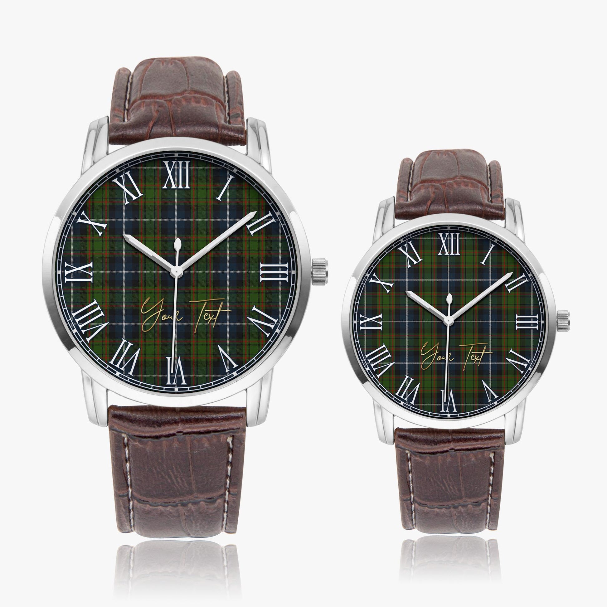 MacRae Hunting Tartan Personalized Your Text Leather Trap Quartz Watch Wide Type Silver Case With Brown Leather Strap - Tartanvibesclothing