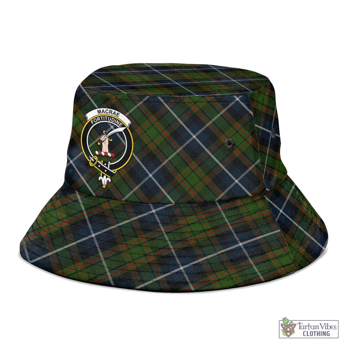 Tartan Vibes Clothing MacRae Hunting Tartan Bucket Hat with Family Crest