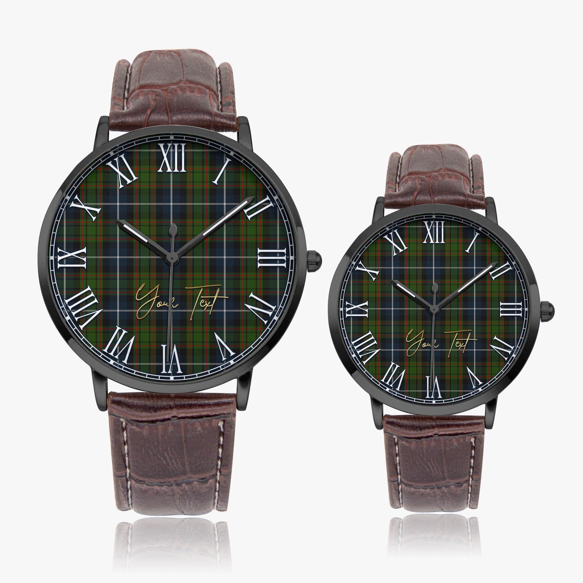 MacRae Hunting Tartan Personalized Your Text Leather Trap Quartz Watch Ultra Thin Black Case With Brown Leather Strap - Tartanvibesclothing