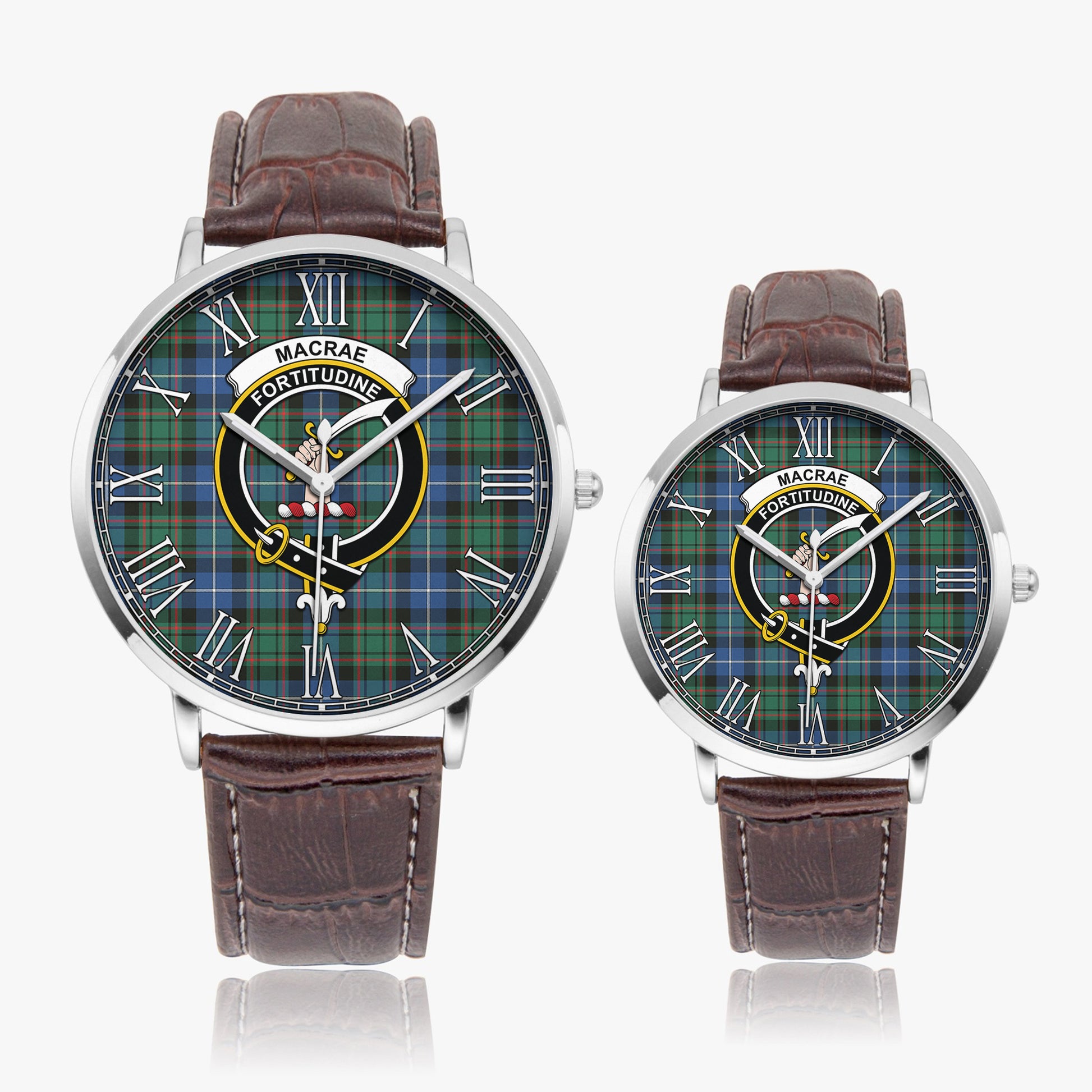 MacRae Hunting Ancient Tartan Family Crest Leather Strap Quartz Watch - Tartanvibesclothing