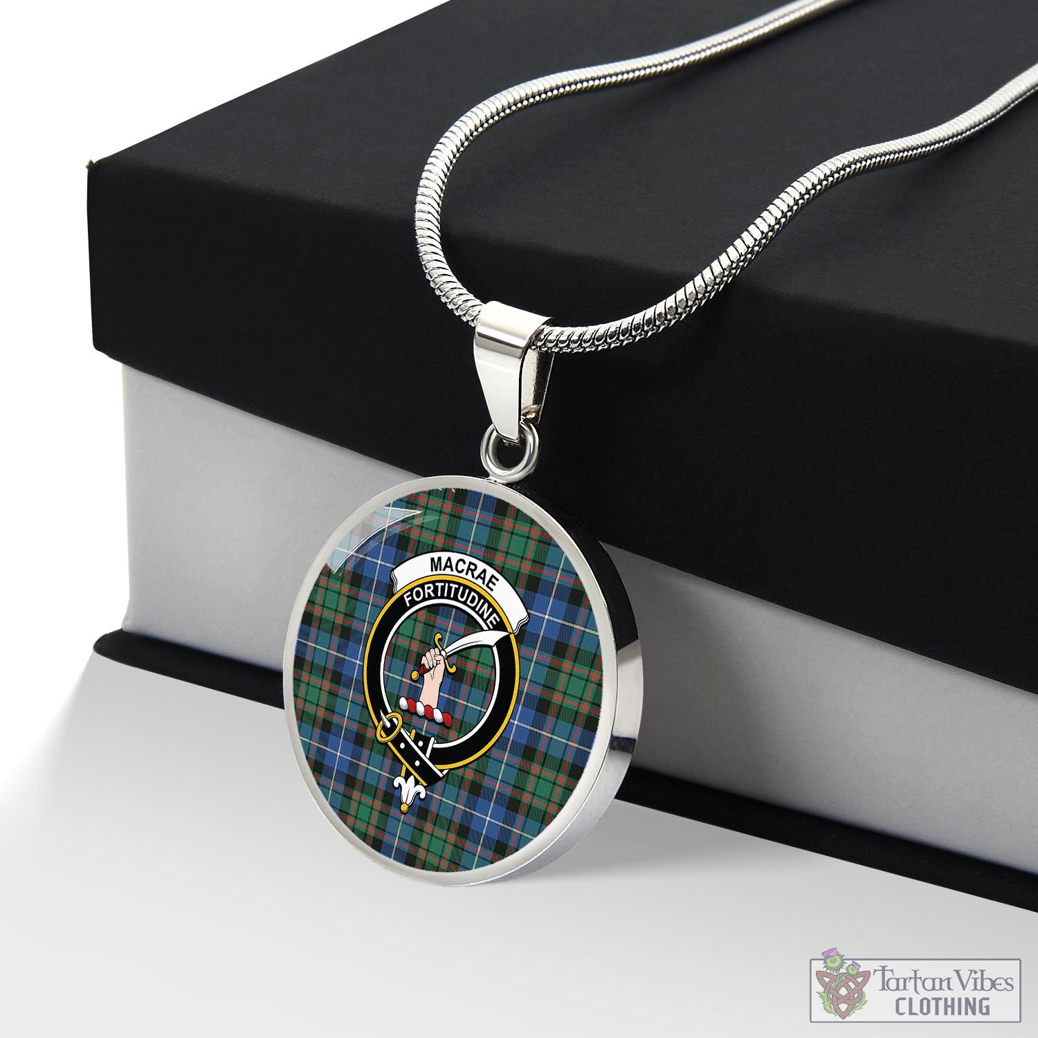 Tartan Vibes Clothing MacRae Hunting Ancient Tartan Circle Necklace with Family Crest