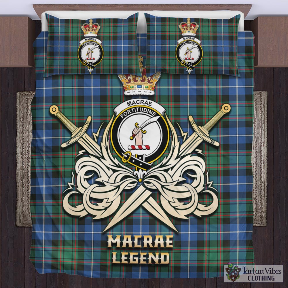 Tartan Vibes Clothing MacRae Hunting Ancient Tartan Bedding Set with Clan Crest and the Golden Sword of Courageous Legacy