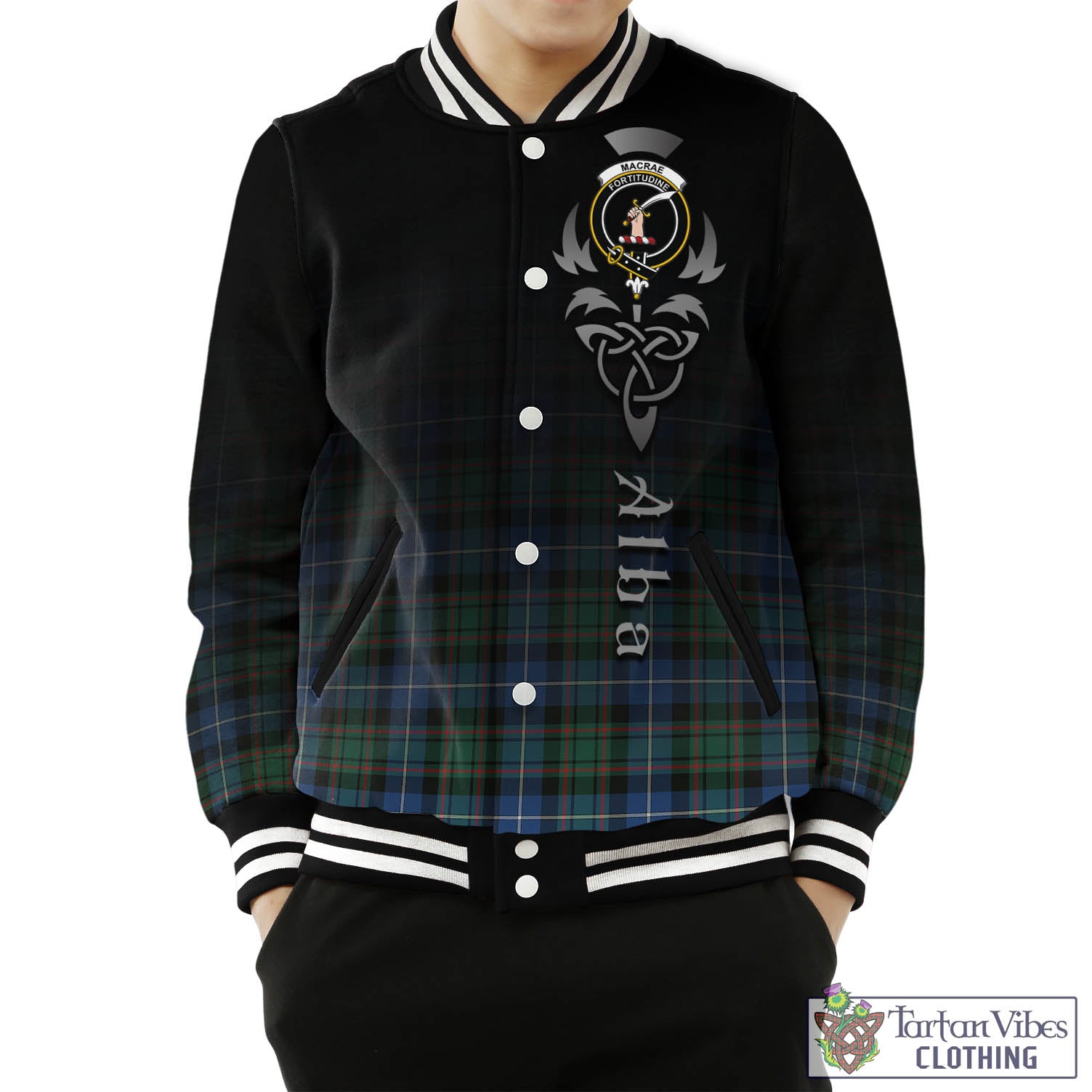 Tartan Vibes Clothing MacRae Hunting Ancient Tartan Baseball Jacket Featuring Alba Gu Brath Family Crest Celtic Inspired