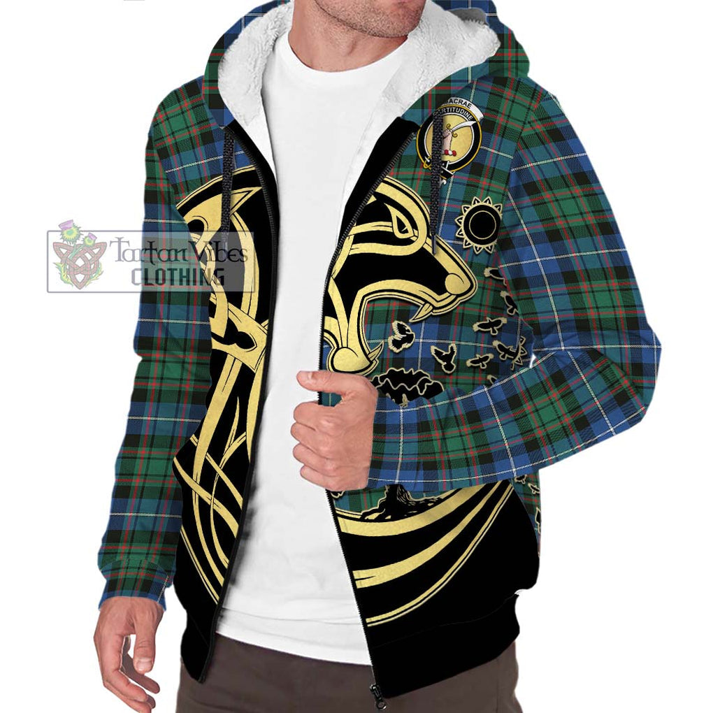 MacRae Hunting Ancient Tartan Sherpa Hoodie with Family Crest Celtic Wolf Style Unisex S - Tartan Vibes Clothing