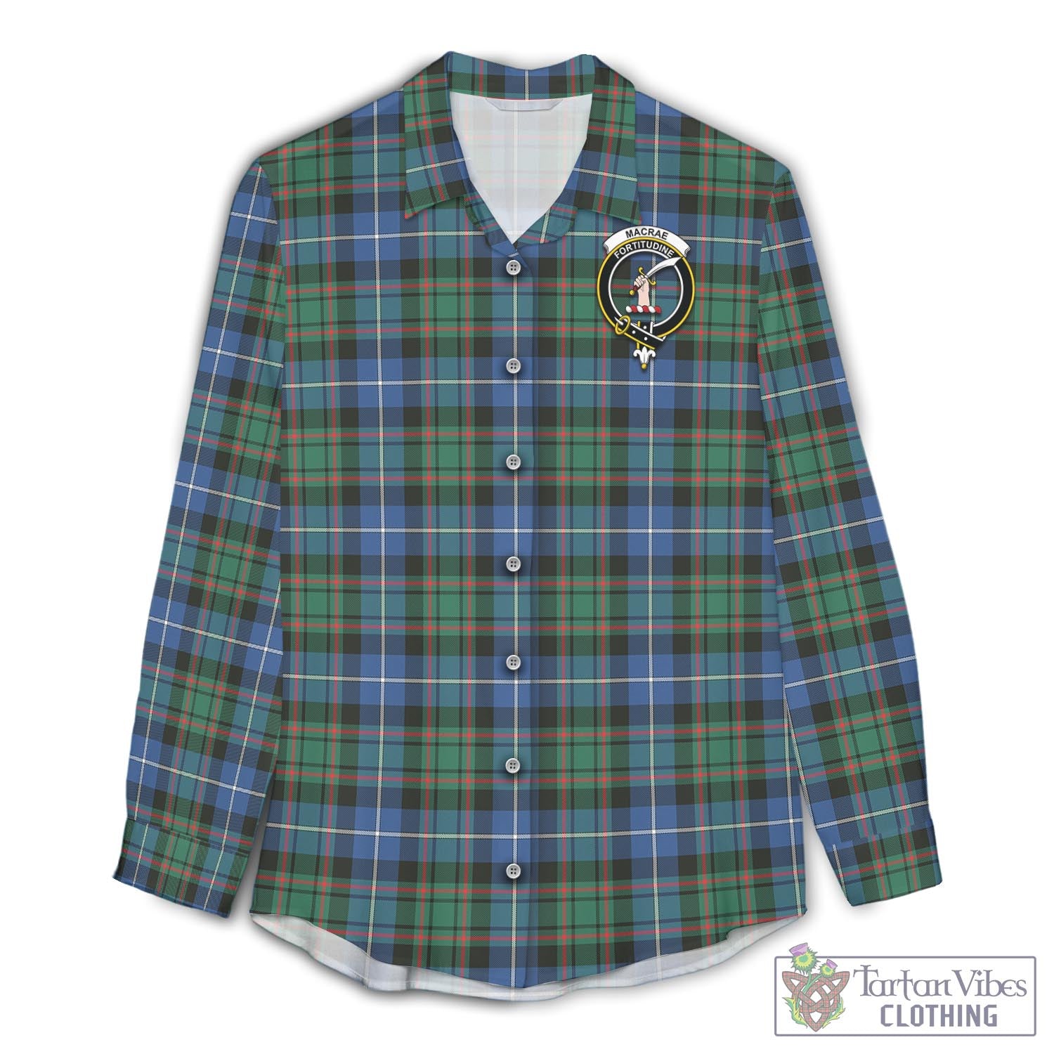 Tartan Vibes Clothing MacRae Hunting Ancient Tartan Womens Casual Shirt with Family Crest