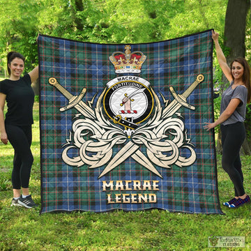 MacRae Hunting Ancient Tartan Quilt with Clan Crest and the Golden Sword of Courageous Legacy