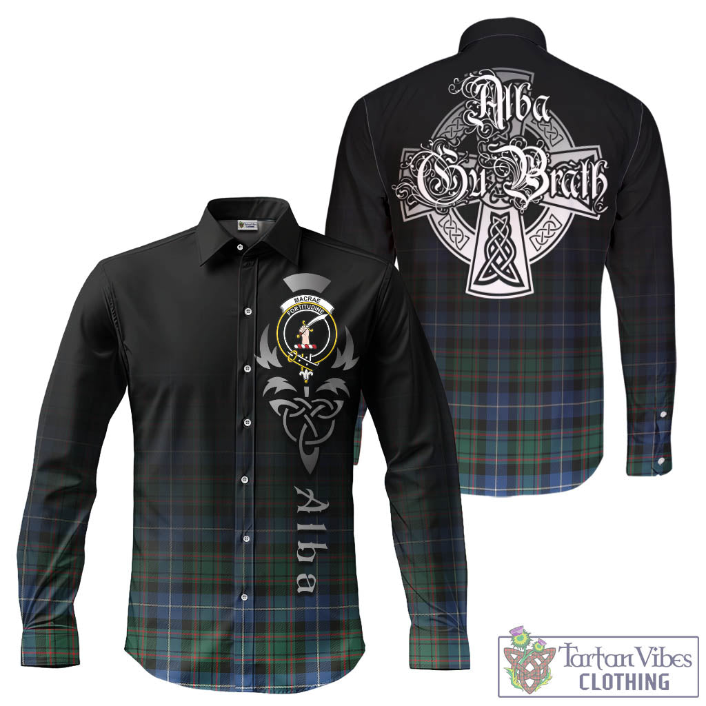 Tartan Vibes Clothing MacRae Hunting Ancient Tartan Long Sleeve Button Up Featuring Alba Gu Brath Family Crest Celtic Inspired