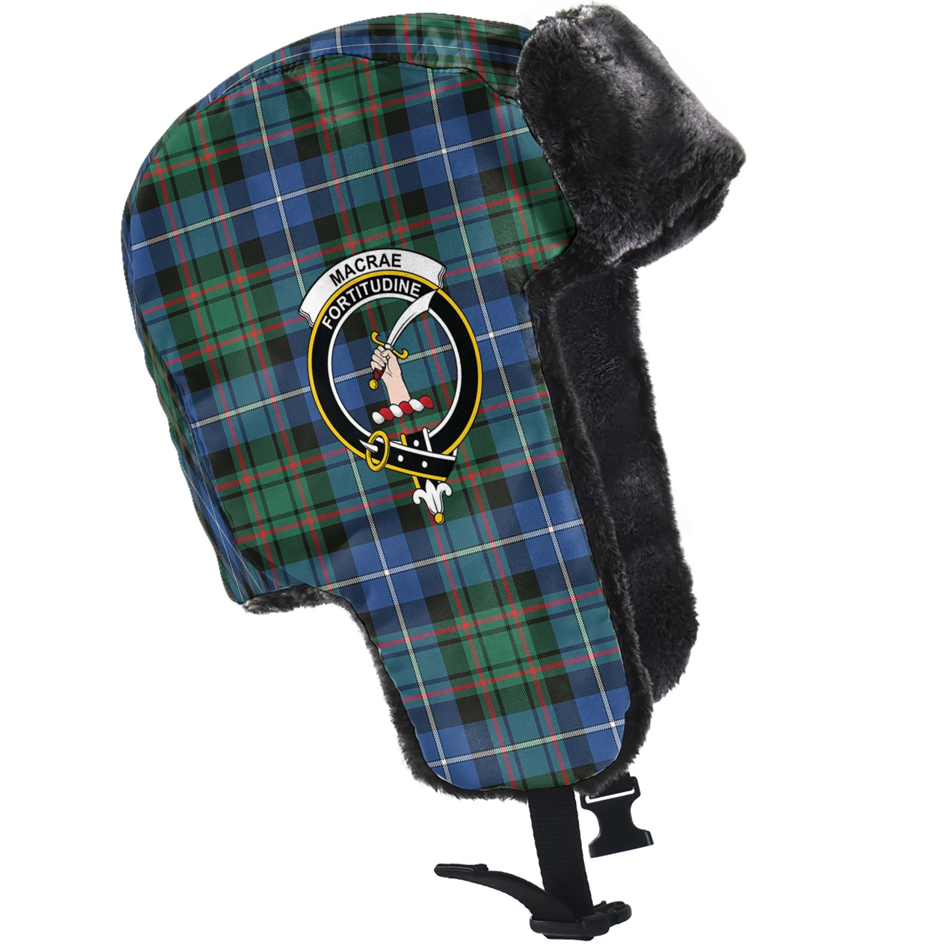 MacRae Hunting Ancient Tartan Winter Trapper Hat with Family Crest - Tartanvibesclothing