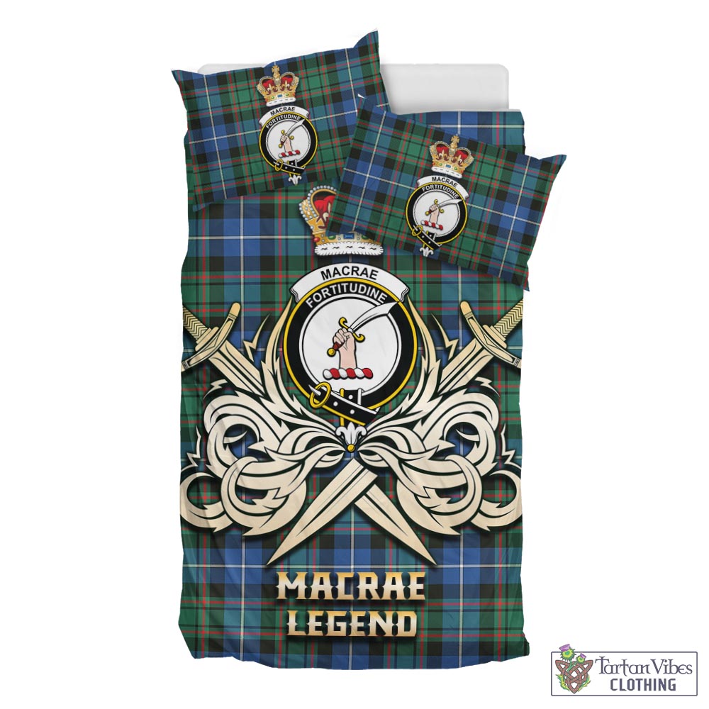 Tartan Vibes Clothing MacRae Hunting Ancient Tartan Bedding Set with Clan Crest and the Golden Sword of Courageous Legacy