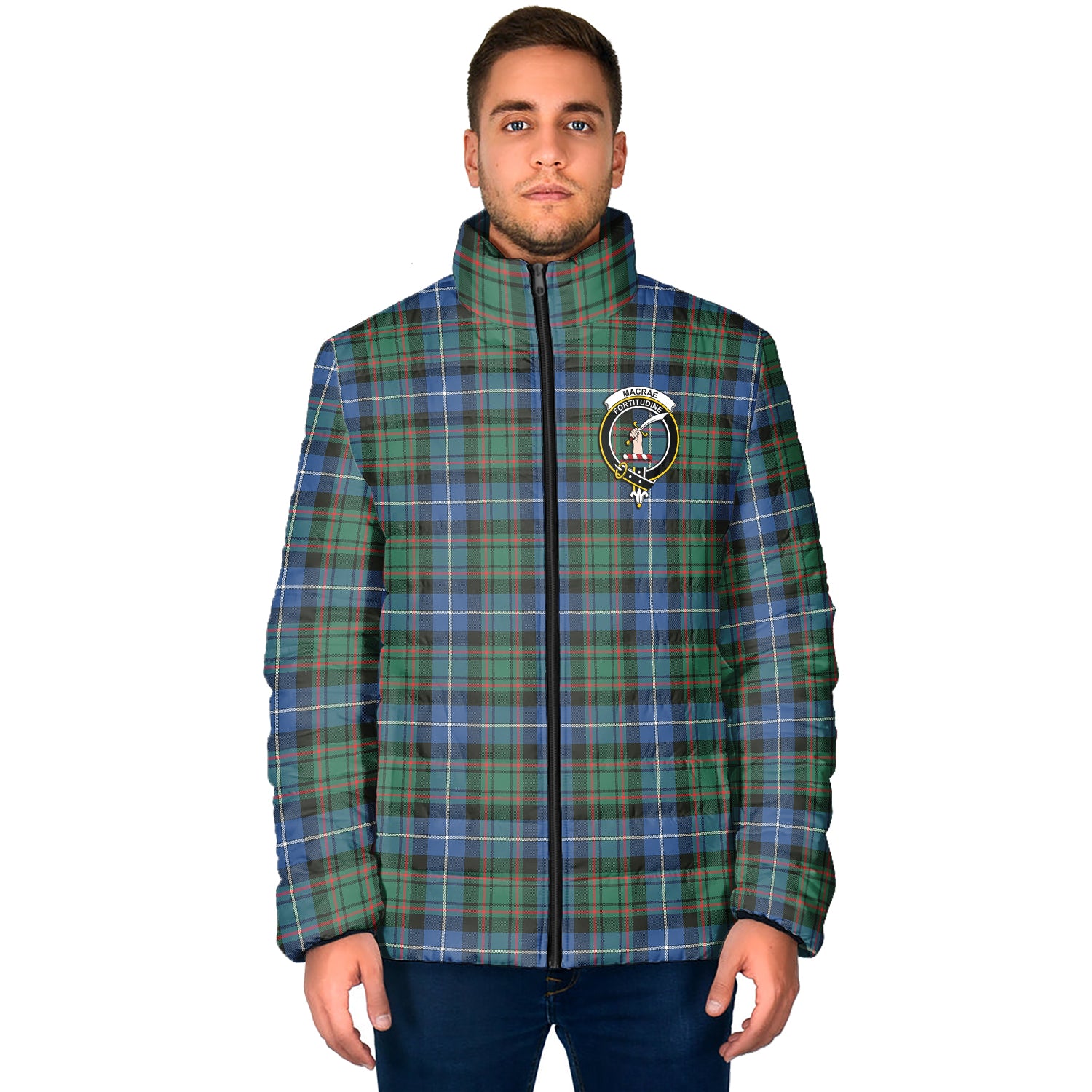 MacRae Hunting Ancient Tartan Padded Jacket with Family Crest - Tartan Vibes Clothing