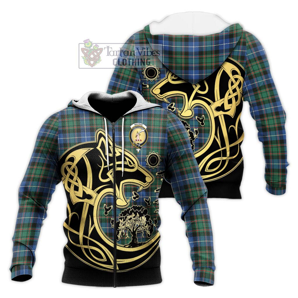 MacRae Hunting Ancient Tartan Knitted Hoodie with Family Crest Celtic Wolf Style Unisex Knitted Zip Hoodie - Tartan Vibes Clothing