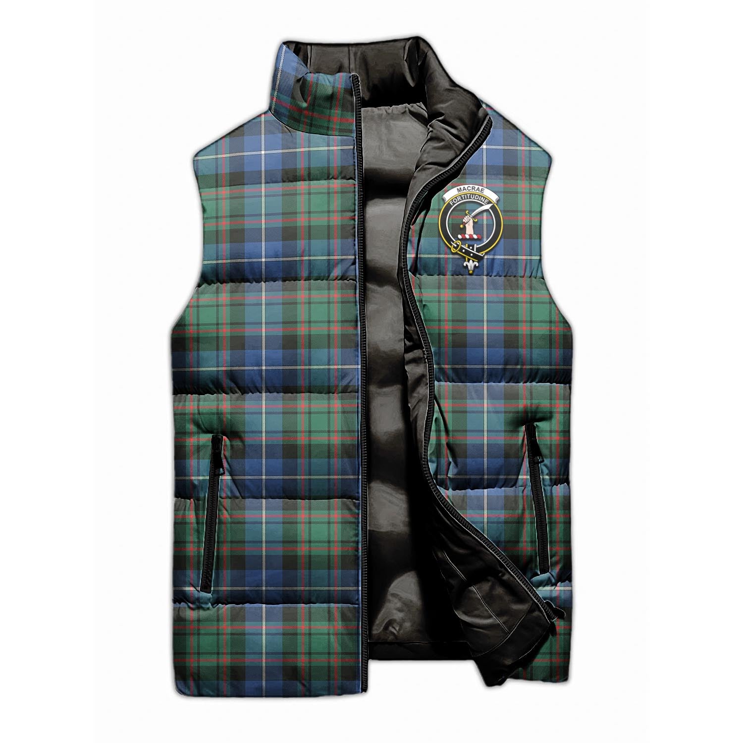 MacRae Hunting Ancient Tartan Sleeveless Puffer Jacket with Family Crest - Tartanvibesclothing