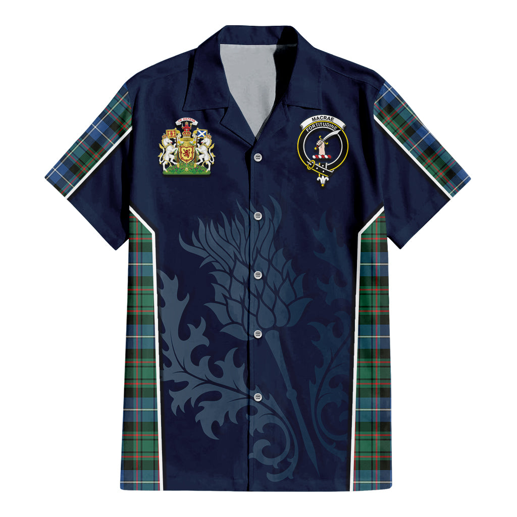 Tartan Vibes Clothing MacRae Hunting Ancient Tartan Short Sleeve Button Up Shirt with Family Crest and Scottish Thistle Vibes Sport Style