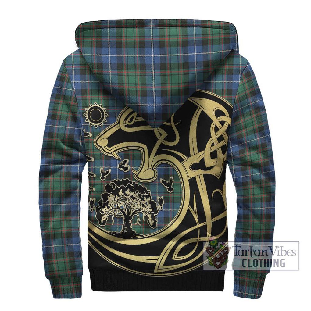 MacRae Hunting Ancient Tartan Sherpa Hoodie with Family Crest Celtic Wolf Style - Tartan Vibes Clothing