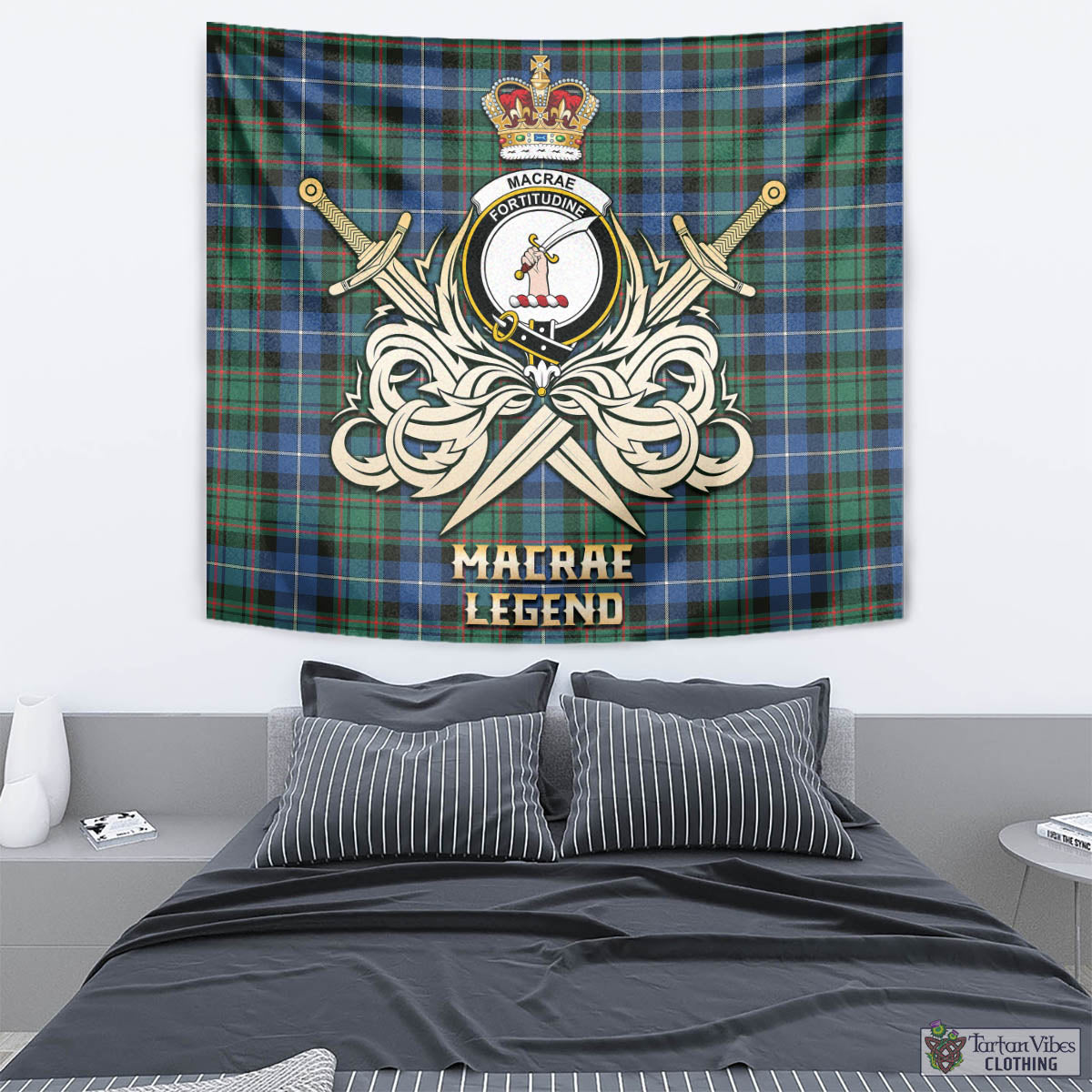 Tartan Vibes Clothing MacRae Hunting Ancient Tartan Tapestry with Clan Crest and the Golden Sword of Courageous Legacy