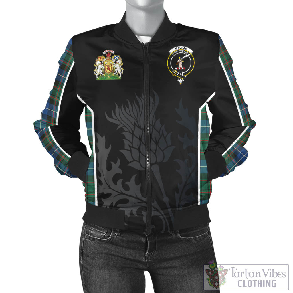 Tartan Vibes Clothing MacRae Hunting Ancient Tartan Bomber Jacket with Family Crest and Scottish Thistle Vibes Sport Style