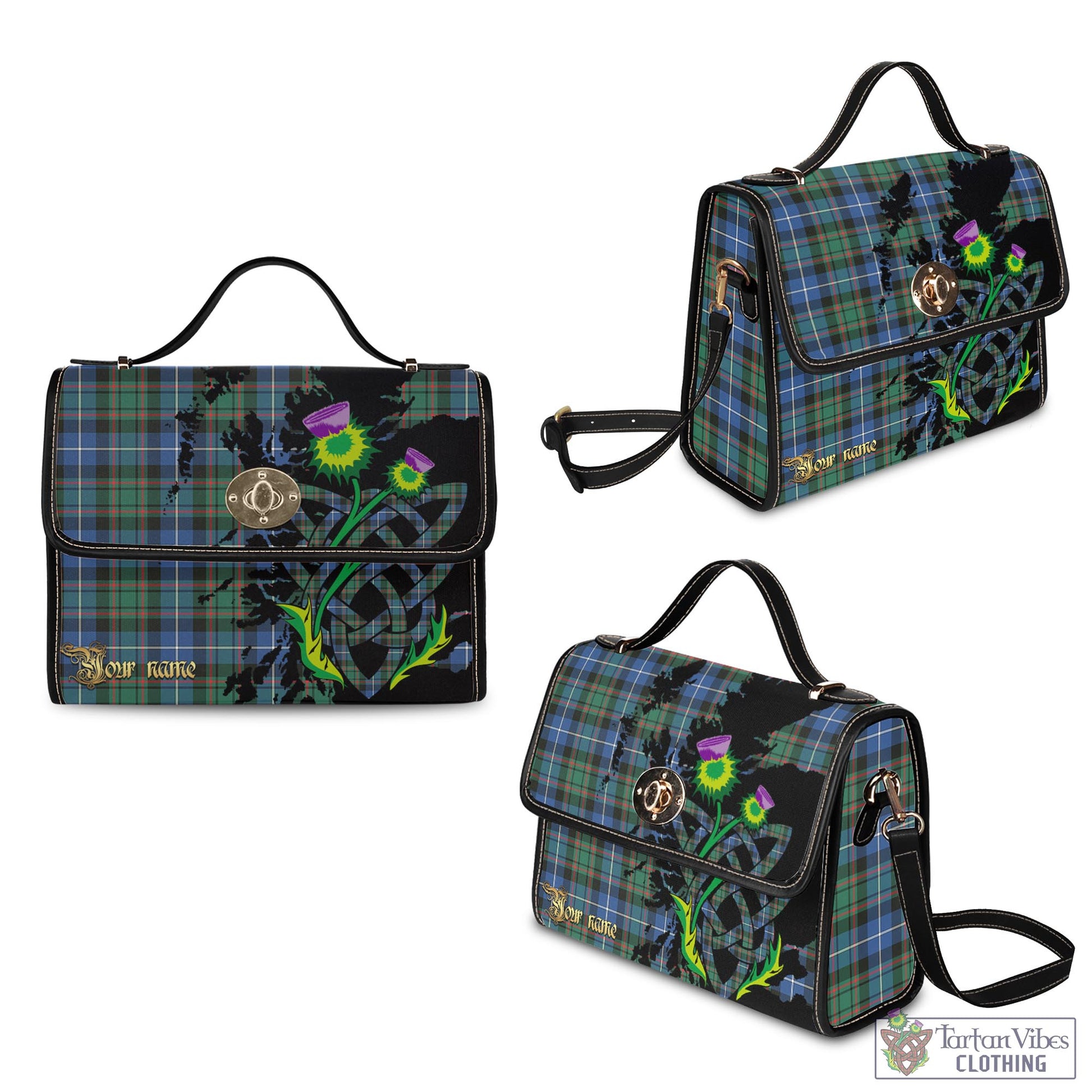 Tartan Vibes Clothing MacRae Hunting Ancient Tartan Waterproof Canvas Bag with Scotland Map and Thistle Celtic Accents