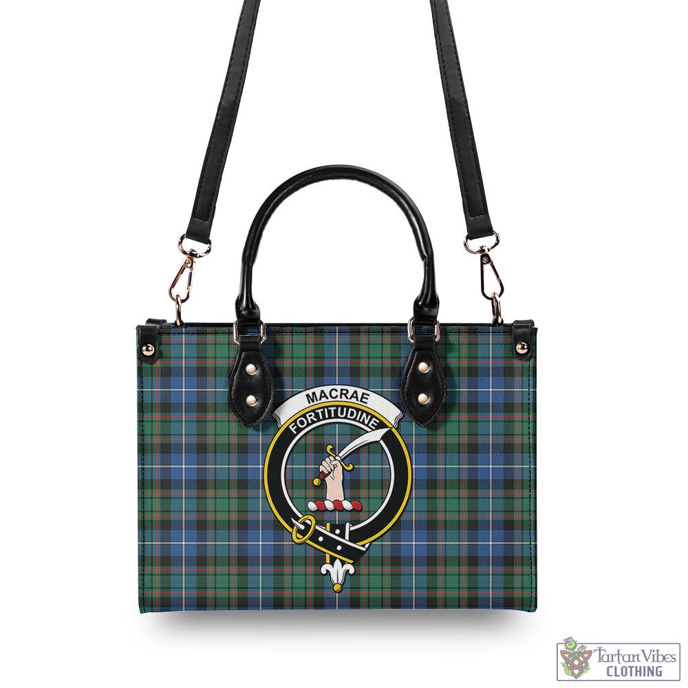 Tartan Vibes Clothing MacRae Hunting Ancient Tartan Luxury Leather Handbags with Family Crest