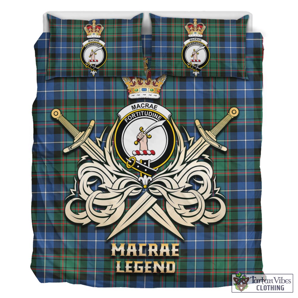 Tartan Vibes Clothing MacRae Hunting Ancient Tartan Bedding Set with Clan Crest and the Golden Sword of Courageous Legacy